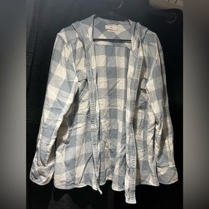 TNA blue plaid button long sleeve with hood.